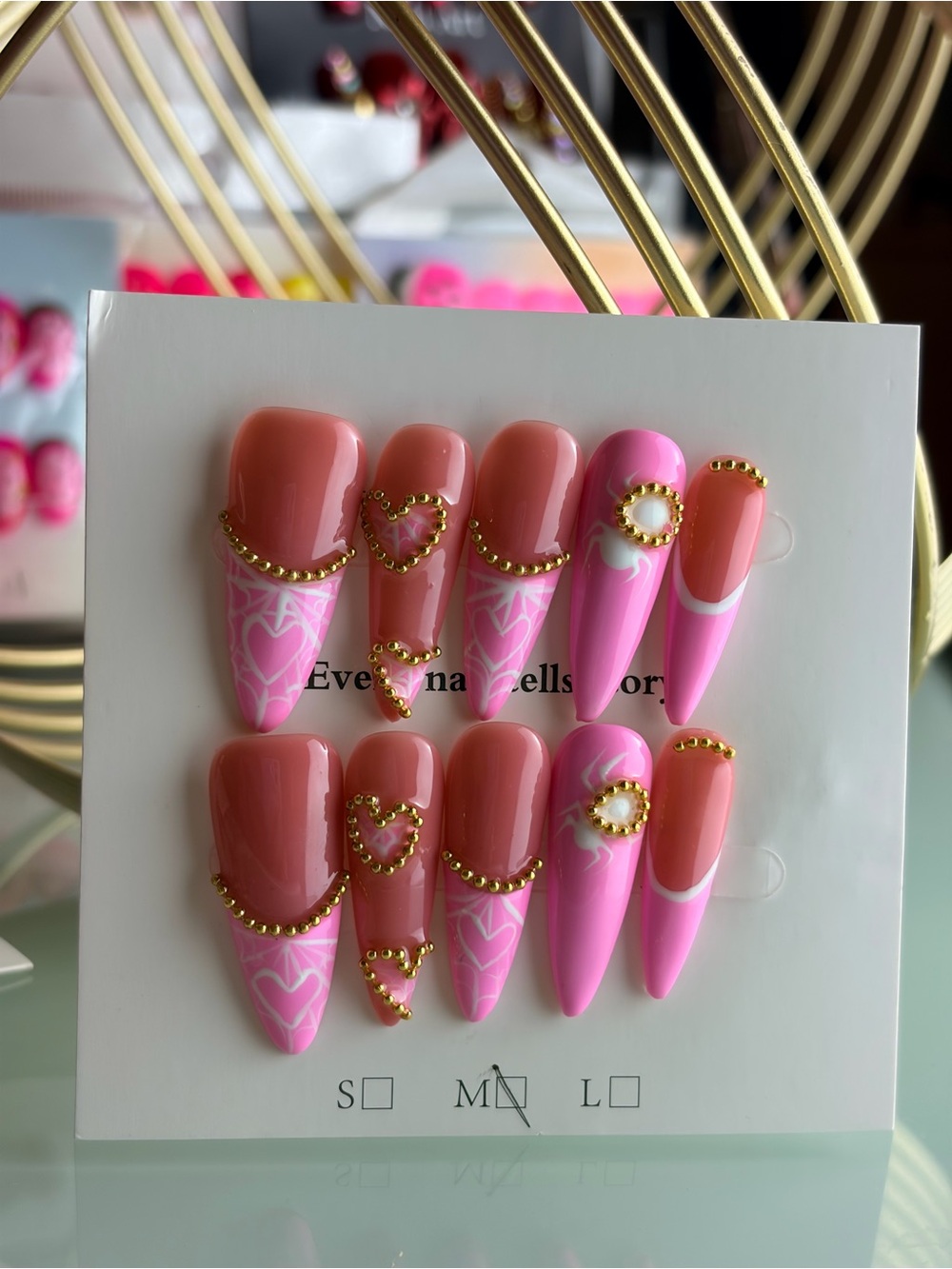 Press-On Nail Set - Pink and Coral Stiletto Design with Gold Accents Medium